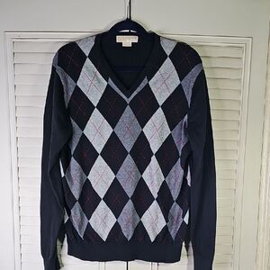 Men's Black and Gray Argyle Sweater By Michael Michael Kors Size Medium